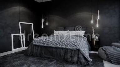 现代黑色卧室内部，外部明亮光线，旋转镜头，视频超高清4K3840x2160，3D动画